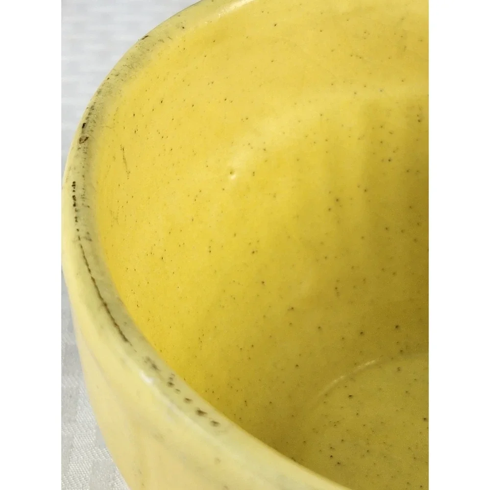 Vintage Ribbed Mustard Yellow Splash Of Green Stoneware Mixing Bowl Matte Signed